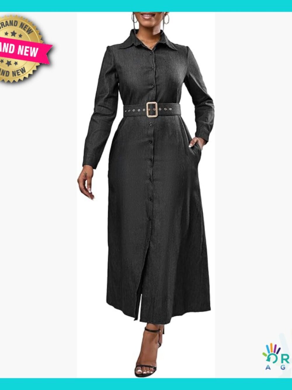 Denim Maxi Shirt Dress Long Sleeve Button Down Belted Casual Elegant Prom